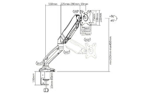 Ergo Monitor Arm technical drawing showing dimensions and adjustable features for optimal ergonomic setup