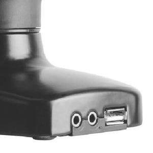 Ergo Monitor Arm connection ports for USB and audio, enhancing workspace ergonomics and functionality.