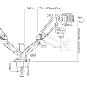 Ergo Monitor Arm specifications showing adjustable dimensions for versatile setup and ergonomic design.